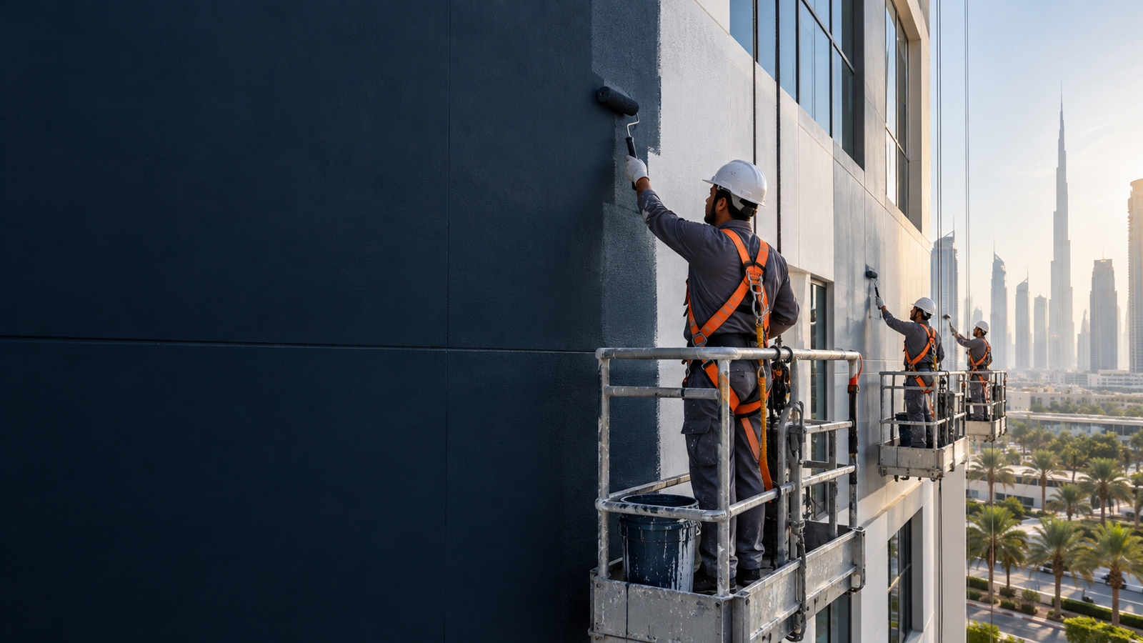 Professional workers painting a building exterior