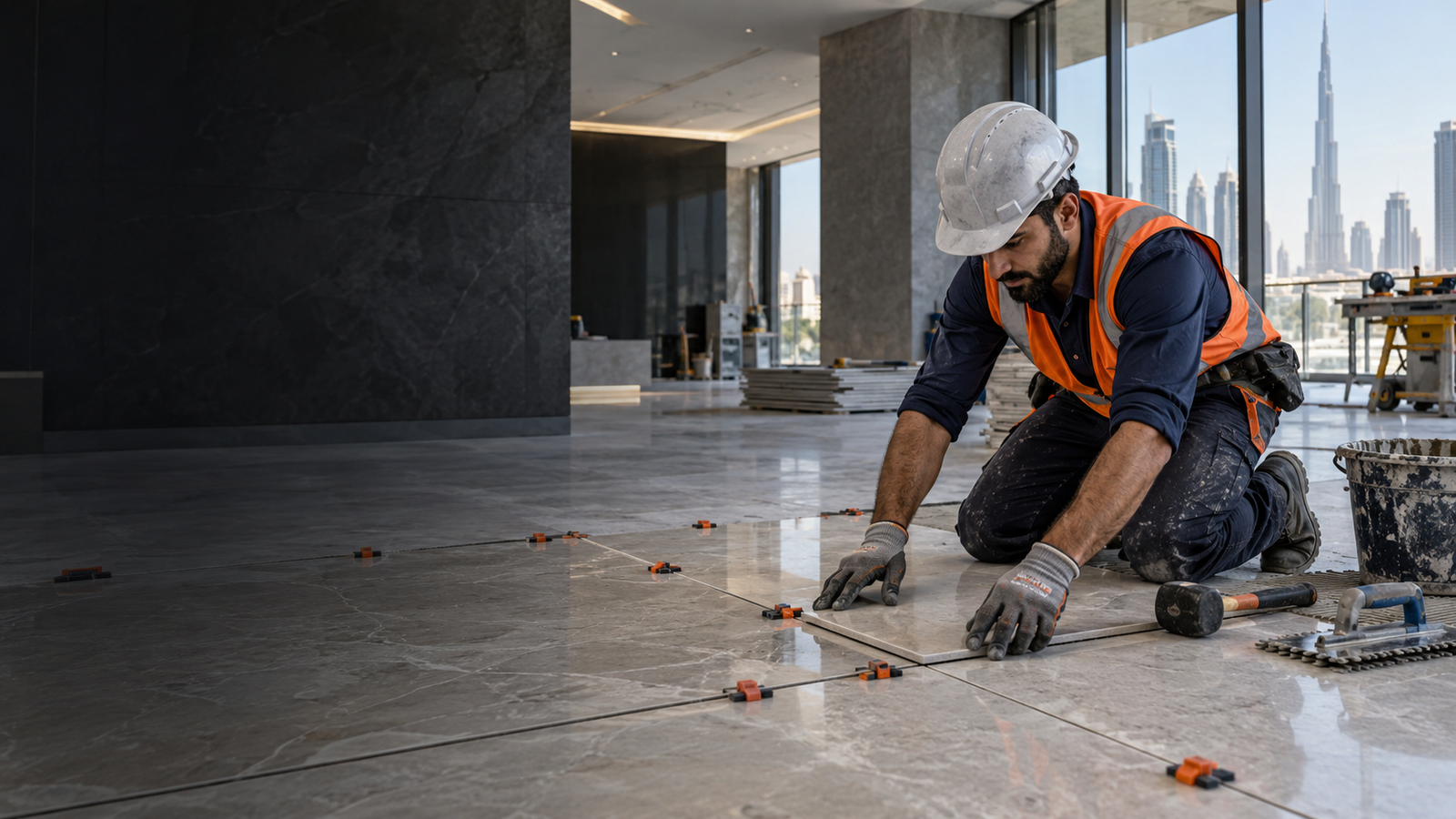 Skilled worker fixing floor tiles